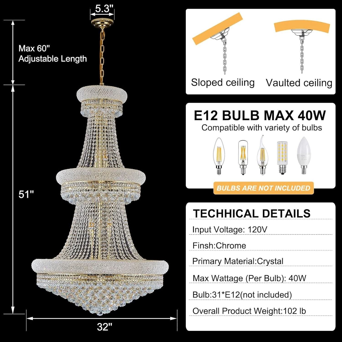 Luxury Golden Finish Crystal Chandelier